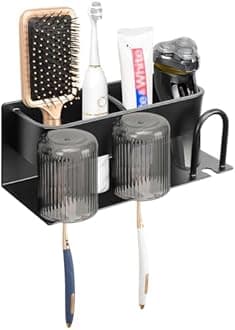 HarJue Adhesive Toothbrush Holders for Bathroom, Wall Mounted Toothbrush Organizer for Toothpaste Toothbrush Cup Shavers Bath Accessories Storage, Keep Countertop Clean and Tidy (Large, Matte Black)