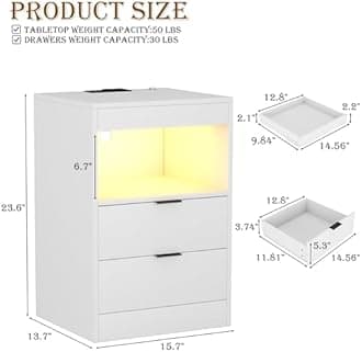 Yusong Night Stand with Gun Drawer & Invisible Lock, Bedside Table, LED Nightstand with Charging Station, Modern Night Stand, Wood Sofa Couch End Side Table with 2 Pull-Out Shelf, White