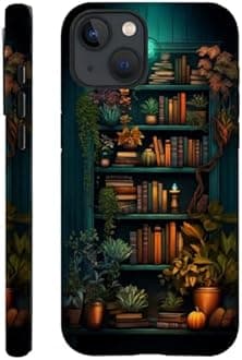 Case Compatible with iPhone 15,Hybrid 2-Layer Hard Shell,Shockproof Soft for Girl Women,Bookshelf Book Plant