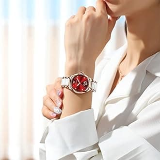 OLEVS Womens Automatic Watch, Premium Large Face Diamond Accented Self Winding Watches for Women, Fashion Waterproof Ladies Dress Watch, Two Tone Stainless Steel Ceramic Bracelet, 02 Heart/Red Dial,