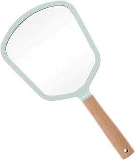 SVS ONLINE Handheld Makeup Mirror with Handle, Small Cute Wooden Shaving Mirror with Single Side Hanging Hole, Travel Portable for Men Women (Fan,Green Pack of 1)