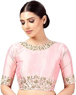 Studio Shringaar Women's Polyester Elbow Length Sleeves Art Silk Embroidered Saree Blouse