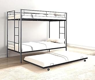 S. K. MODERN ART Metal Bunk Bed for Adults with Trundle Without Mattress (Black Powder Coated, 4 x 6.5 feet)