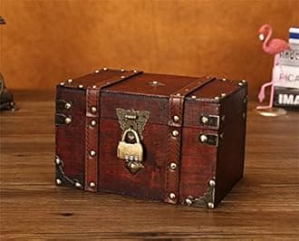 MVSR Vintage Storage Box Wooden Treasure Chest Small Pirate Chest Antique Style jewellery Organizer Handmade Decorative Boxes with Lid and Metal Lock (Password - 22x15x13.5cm)