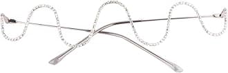 TENDYCOCO Diamond No Lens Glasses Frame Half Frame Rhinestone Squiggly Metal Eyewear for Women Fashion Accessories 6.22X5.51 Inches