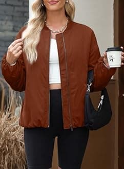 EVALESS Winter Jacket for Women Dressy Casual Fall Clothes Trendy 2024 Teacher Outfits Cute Oversized Bomber Jackets Long Sleeve Zip Up Cropped Down Jeacket Lightweight Coat with Pockets, Brown Medium