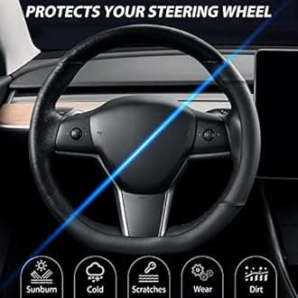 SEG Direct Flat Bottom Steering Wheel Cover, D Shaped Car Wheel Cover 14-14 1/4 in. (35.5-36 cm), for Tesla Model 3 / Y, for Camaro, Black Microfiber Leather
