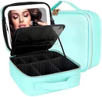 MOMIRA Travel Makeup Bag Cosmetic Bag Makeup Organizer Bag with Lighted Mirror, Adjustable Brightness in 3 Color Scenarios, Waterproof Makeup Train Case, Gift for Women - Aqua Blue