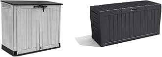 Keter Store It Out Nova Outdoor Garden Furniture Storage Shed Light Grey with Dark Grey Lid & Marvel+ 270L Outdoor 65% recycled Garden Furniture Storage Box Graphite Wood Panel Effect