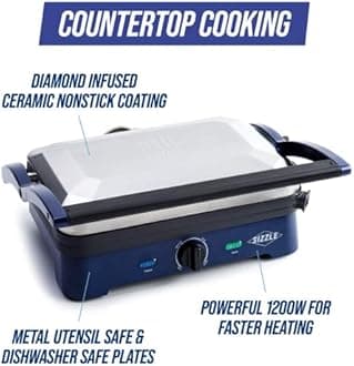 Blue Diamond Ceramic Nonstick, Electric Contact Sizzle Griddle with Grill and Waffle Plates, Open Flat Design, Dishwasher Safe Removable Plates, Adjustable Temperature Control, PFAS-Free, Blue