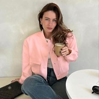 Zando Bomber Jacket Women 2026 - Short Cropped Jacket Women Button Down Long Sleeve Casual Varsity Jackets with Pockets