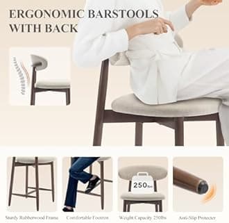 COLAMY Bar Stools with Back, Counter Height Bar Stools, Upholstered Counter Stools with Wood Legs for Kitchen Island Dining Room Bar, Beige