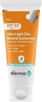 The Derma Co Ultra Light Zinc Mineral Sunscreen I With SPF 50 PA+++ I Water & Sweat Resistant | UVA, UVB & Blue Light Protection I Lightweight & Non- Greasy I No white Cast I For All Skin Type - 50g