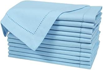 Bedding Craft Cloth Dinner Napkins Set of 12 – 18x18 Airy Blue Linen-Look Hemstitched – Soft Machine Washable Reusable Napkins for Weddings, Parties & Elegant Table Settings