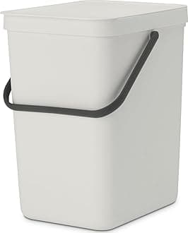 Sort & Go Waste Bin 25L - Large Recycling Bin for Kitchen - Stay Open Lid - Carry Handle - Easy to Clean - Fits Closely to the Wall - Compost Bin - Light Grey - 27 x 35 x 40 cm