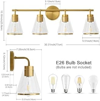 Gold Vanity Light 4 Light Bathroom Vanity Light Fixtures Over Mirror with Clear Glass Shade, 30 Inch Lights for Bathroom Modern Wall Sconce Lighting (Exclude E26 Bulb)