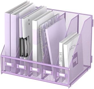 SUPEASY Desk Organizers Metal Desk Magazine File Holder with 5 Vertical Compartments Rack File Organizer for Office Desktop, Home Workspace, Purple
