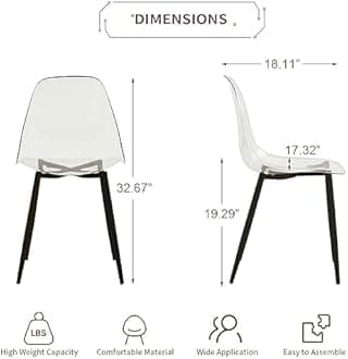 Baysitone Clear Dining Chairs Set of 6, Modern Kitchen Chairs with Transparent Seat, Acrylic Accent Side Chairs with Plating Metal Legs for Dining Room, Kitchen, Living Room with Black