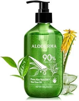 Aloderma Pure Aloe Vera Gel + Tea Tree Oil, 90% Certified Organic Aloe Vera Made within 12 Hours of Harvest + Skin Clearing Tea Tree Oil (300g, 10.6 oz)