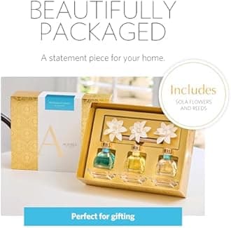 AGRARIA at The Beach PetiteEssence Collection, Handmade Sola Flower Reed Diffuser Set of 3, Luxury Home Fragrance Scented Oil Diffuser Gift Set