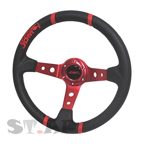 350mm Deep Dish Steering Wheel 6 Bolt Universal Custom (Red Center JDM 4 Ring)