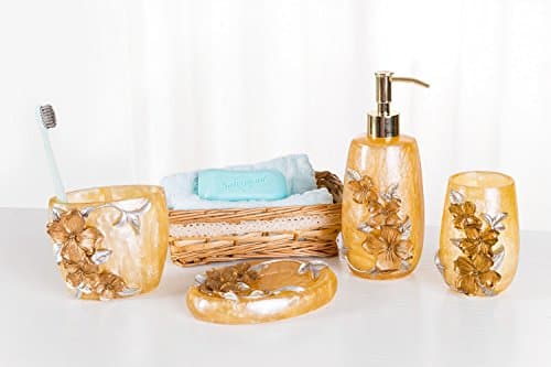 SILOKO 4 Piece Bathroom Accessory Set 3D Silver&Gold Floral with Soap Dispencer,Toothblush Holder,Tumbler and Soap Dish Gold