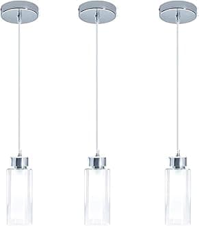 Modern Clear GlassPendant Lighti, Mini Pendant Lights Dual Glass with Cylinder Shape in Chrome Adjustable Lamp for Kitchen Island Bar Living Dining Room Bedroom 3 Lights