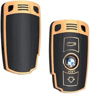 StyleC TPU Remote Key Cover Compatible with BMW 1 3 5 Series X1 X3 X5 X6 E60 E90 E70 Z4 – Smart Keyless Key Fob Protector Case (Black Gold)