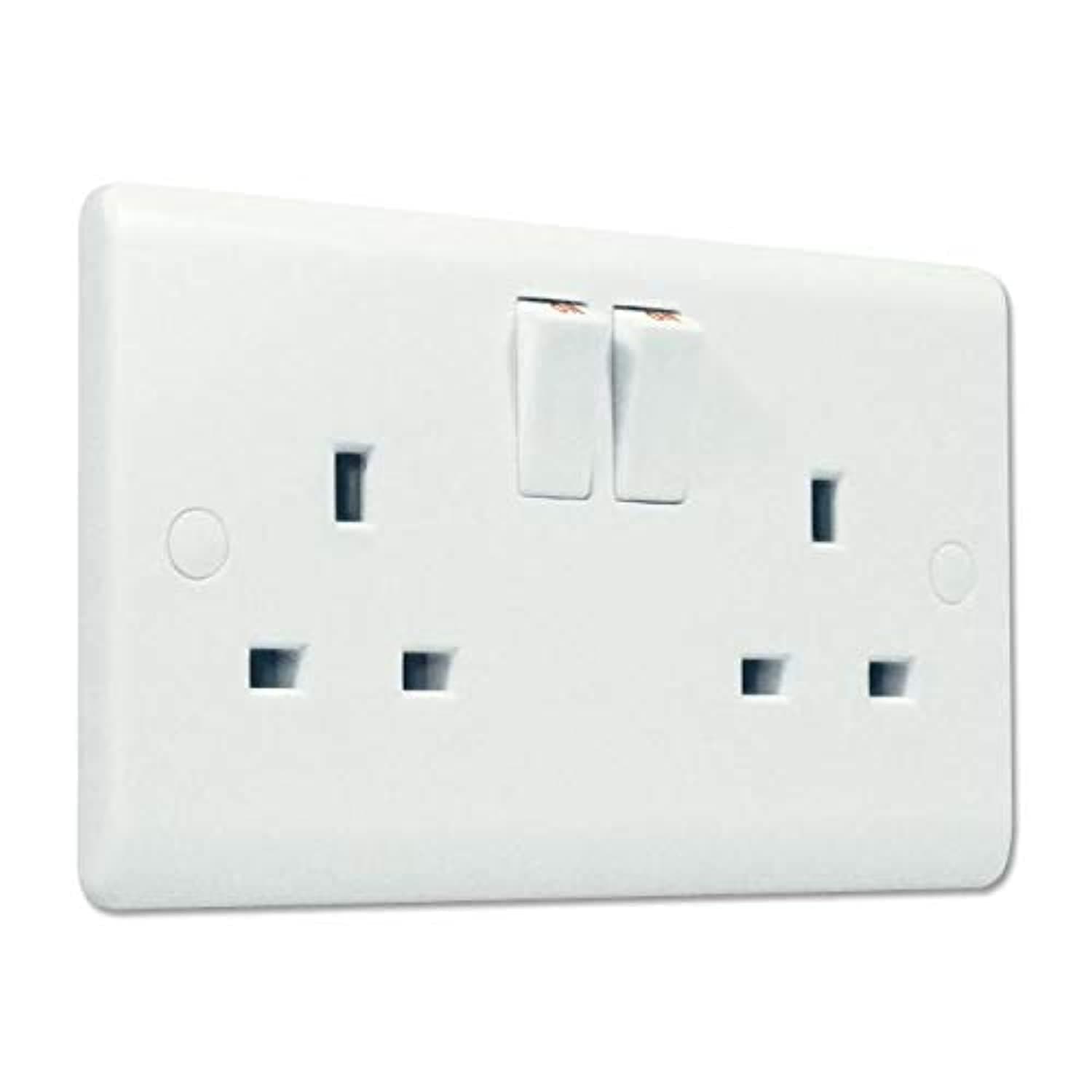 13A Double Switch Socket - Type B (3-prong) - White Plastic Socket Outlet