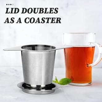 Extra Fine FDA Approved 8/18 Stainless Steel Tea Infuser Mesh Strainer with Large Capacity & Perfect Size Double Handles for Hanging on Teapots, Mugs, Cups to steep Loose Leaf Tea and Coffee