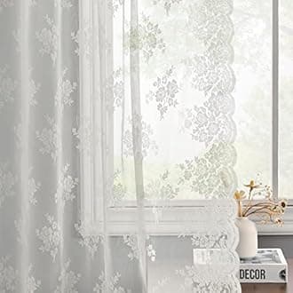 Kotile Lace Curtains 54 Inch Length for Small Window, Embroidery Vintage Floral Sheer Lace Curtains 2 Panels Set, Rod Pocket Privacy Sheer Window Curtain, 52 x 54 Inch, 2 Panels, Ivory