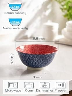 DOWAN Ceramic Cereal Bowls, Φ17.2cm Vibrant Color Dessert Bowls for Thanksgiving and Christmas, 980 ml Large Soup Bowl Set for Pasta, Salad, Ice Cream and Oatmeal, Set of 6