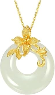 Rockyu Women's Gold Stainless Steel Simple Gold Flower Hotan White Ball Round Necklace Amulet Hypoallergenic 18k Gold Plated Pendant, Fashionable Accessory (Venetian Chain)