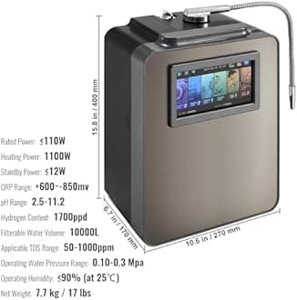 VEVOR Alkaline Water Ionizer Machine, pH 2.5-11.2 Alkaline Acidic Hydrogen Water Purifier, 6 Water Settings Home Filtration System, Up to -850mV ORP, 10000L Per Filter, UV Function, Water Heating