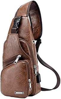 JUMO CYLY Mens Sling Bag, Leather Sling Bag with USB Charging Port Waterproof HikingTravel Body Chest Crossbody Bag Casual Daypack Backpack