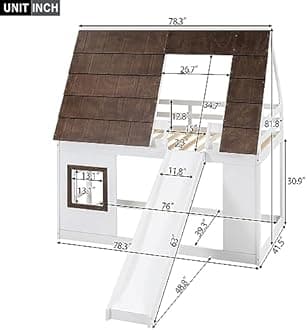 Polibi Wood Twin Size House Shaped Bunk Bed with Brown Roof,Window,Ladder and Slide,Bunkbed Frame for Boys & Girls,White+Brown