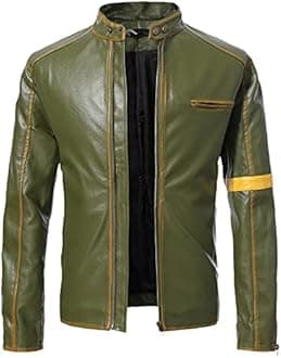 UnoSheng Men's Casual Jacket Striped Vintage Pilot Jacket Full Zip with Chest Pocket Denim Jacket Steampunk Jacket Medieval Stand-Up Collar Faux Leather Jacket Men's Slim Fit