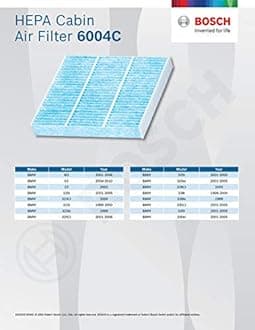 BOSCH 6004C HEPA Cabin Air Filter for Select BMW 323Ci, 323is, 325Ci, 325i, 325xi, 328Ci, 328is, 330Ci, 330i, 330xi, M3, X3, and Z3 Vehicles