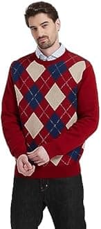 Kallspin Men's Wool Blend Crewneck Sweater Argyle Long Sleeve Pullover Sweater for Casual Or Dressy Wear
