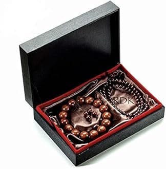 RDK Indian Small Leaf Lobular Red Sandalwood Bead Bracelet/Rosary Gift Box Set Gold Star Charm Bracelet 108 Beads Mala old Material Lal Chandan Rosary Bracelet For Men and Women