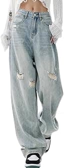 EMMIOL Women's Wide Leg Jeans Distress Adjustable Waist Denim Pants Vintage Y2K Trousers