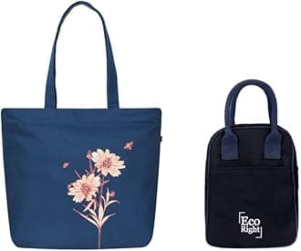 Eco RightLarge Canvas Tote Bag for Women, Zipper Handbag with Inner Pocket + Insulated Lunch Bag for Women & Men, Tiffin Bag with Bottle Holder & Pocket – Combo for Office & Daily Use