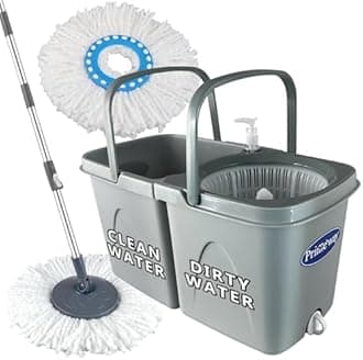Primeway® PP Twin Bucket 360 Rotating Spin Floor Cleaning Mop with Clean and Dirty Water Separator with 2 Microfibre 38cm Mop Head Refills | 6 LTR | Grey