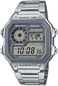 Casio AE1200WH Series | Men’s Digital Watch | 100M WR | Multi Alarms | 100 SEC Stopwatch | Countdown Timer | World Map for World Time | LED Light | LC Analog Display | 10 Year Battery