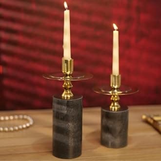 Marble Candle Stand, Set of 2, Taper Candle Holders for Home Decor, Dining Table Decor, Round Pillar Candlestick Holder, Black Decorative Candle Stands for Home Decor, Christmas Decor