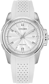 Citizen Ladies' Eco-Drive Classic Silver Stainless Steel 3 Hand Watch with White Rubber Strap,White Dial (Model:FE6131-04A), Silver, Classic