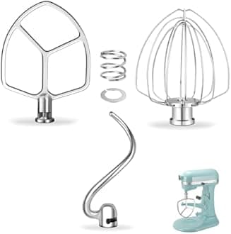Stainless Steel Accessories for KitchenAid 5.5-6 QT Bowl-Lift Stand Mixer, Includes 6 Wire Whisk, Flat Beater, Dough Hook Replacement, Fits for KP26, KL26, KB26, KSM55/60