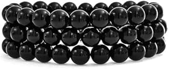 Bling Jewelry Set Of 3 Gemstone Black Onyx Round Bead 8MM Stretch Bracelet For Women Teen For Men Multi Strand Stackable Adjustable