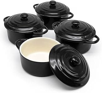 Kook Ceramic Mini Cocotte Set, Small Casserole Dishes with Lids and Handles, Individual Baking Ramekins, Oven, Microwave & Dishwasher Safe, Stoneware, 12 oz, Set of 4, Black