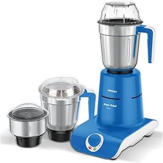 Havells Maxx Grind 750 watt Mixer Grinder with 3 Wider Mouth Stainless Steel Jar, Hands Free Operation, SS-304 Grade Blade, Overload Indicator & 5 Year Motor Warranty (Blue).